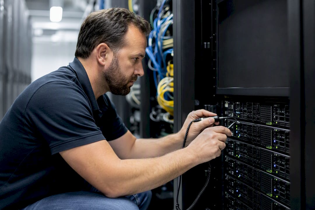 Technician measuring server temperature for maintenance
