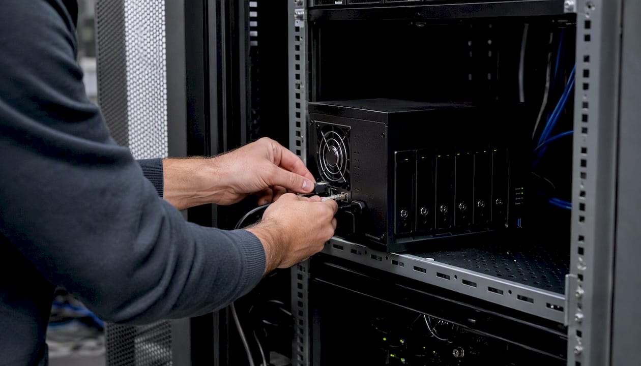 Hands connecting backup device to server