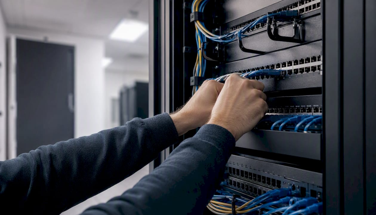 Technician adjusting network permissions in server room