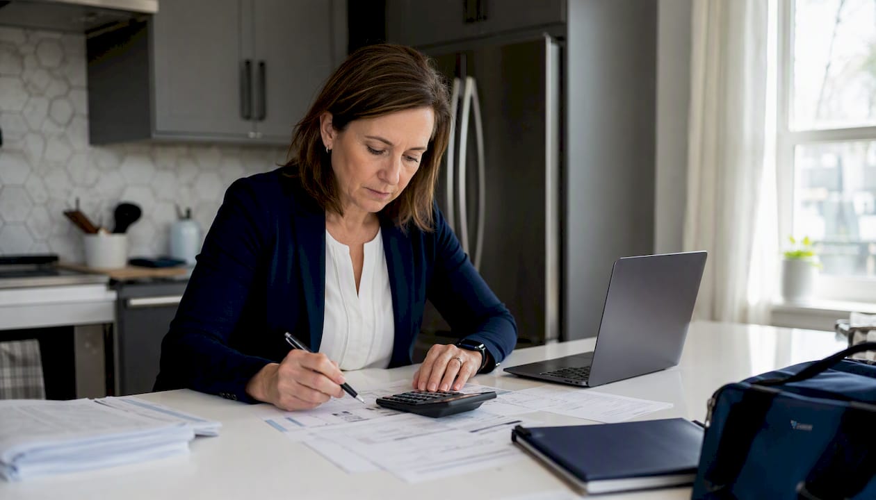 Woman reviewing printed vendor invoices at desk