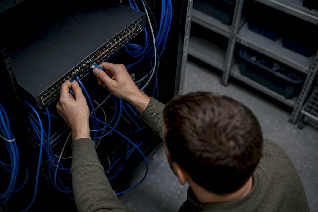 Hands connecting cables to network switch