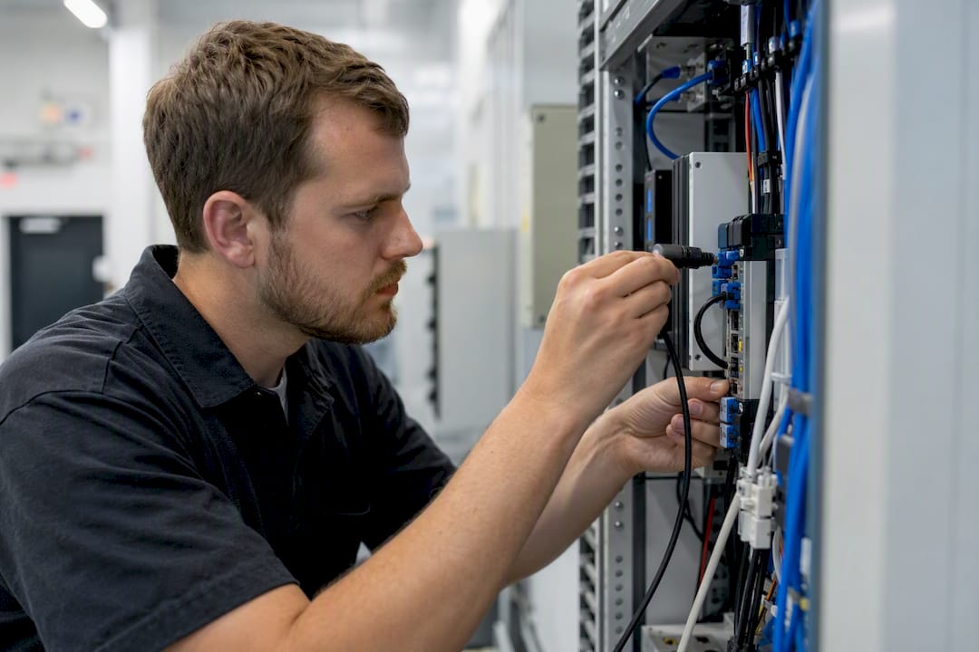 Hands connecting a passive network monitoring tap in control room