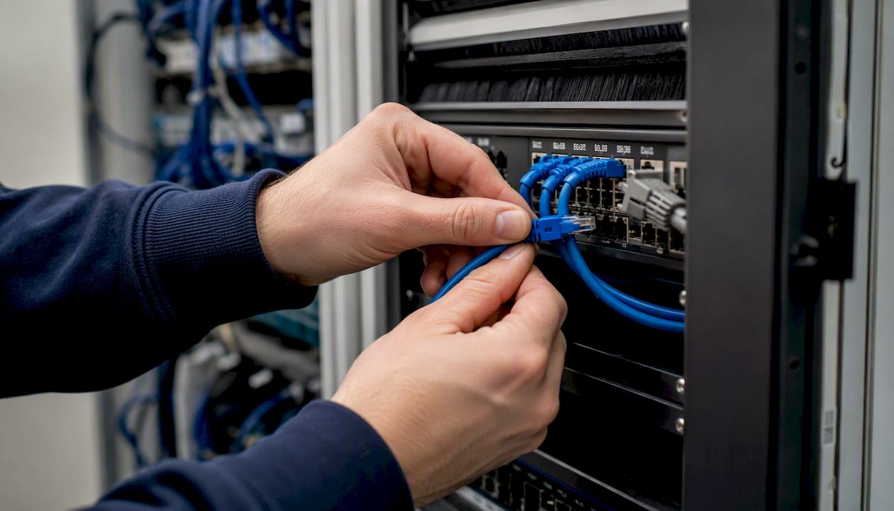 Hands connecting network cables