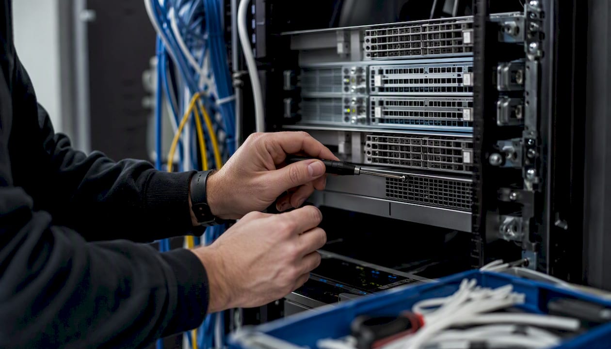 Technician inspecting server hardware