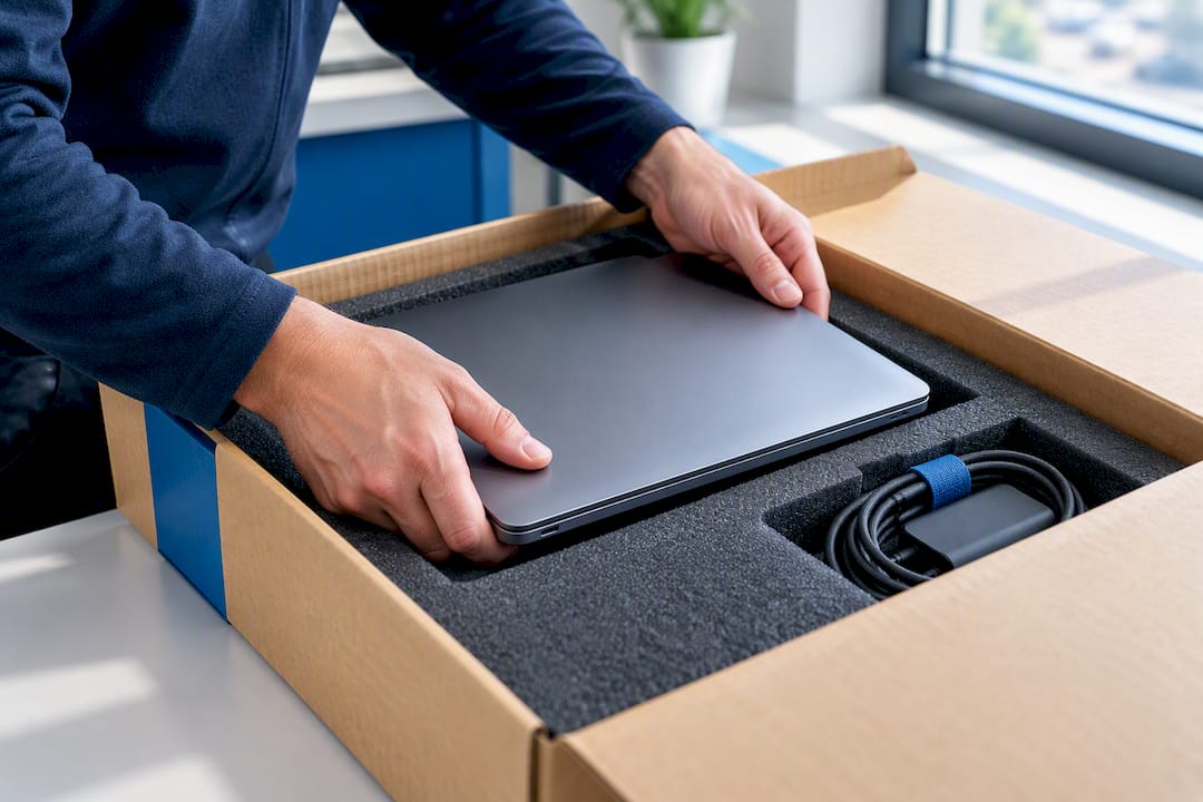 Hands packing anonymized work device for shipment