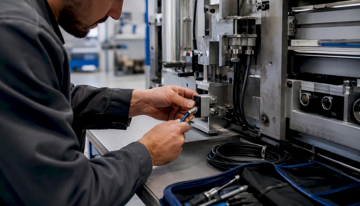 Technician installing IIoT sensor on industrial machine
