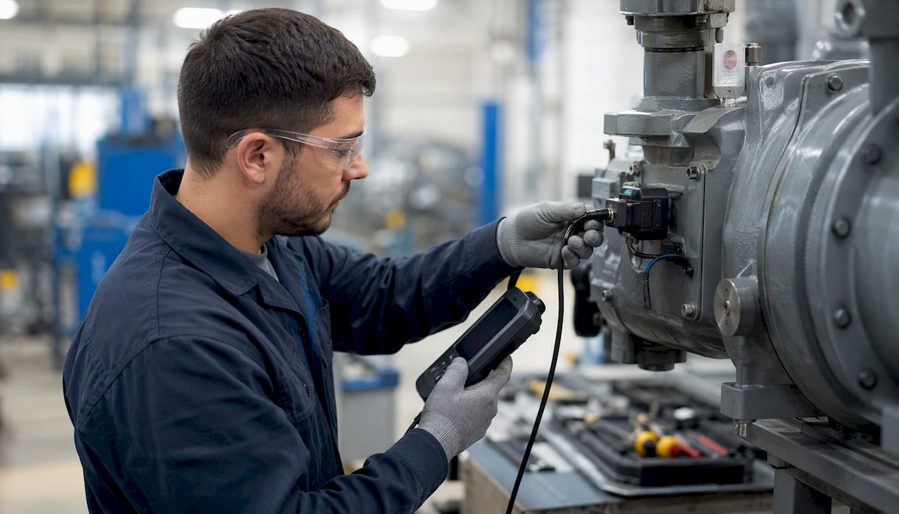 Hands connecting diagnostic tool to IIoT sensor