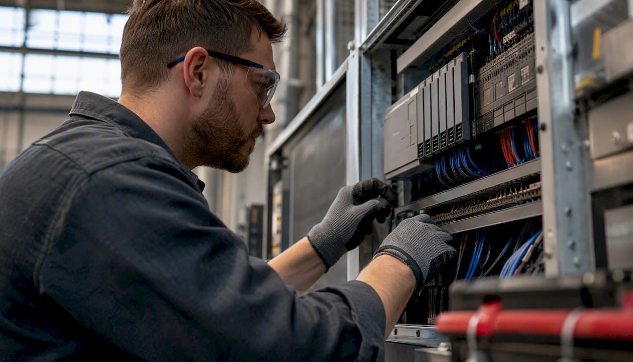 Technician inspecting industrial control panel