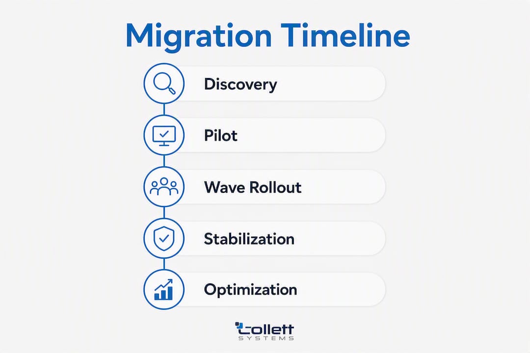 Infographic detailing Microsoft 365 migration timeline steps