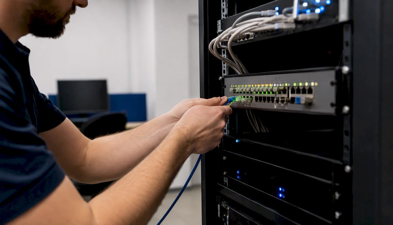 Hands configuring guest Wi-Fi VLAN switch