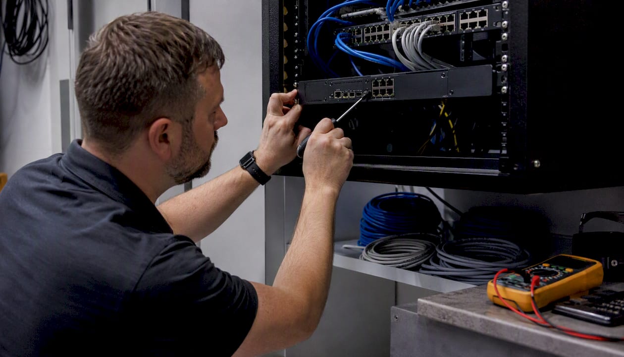Technician installing network firewall device