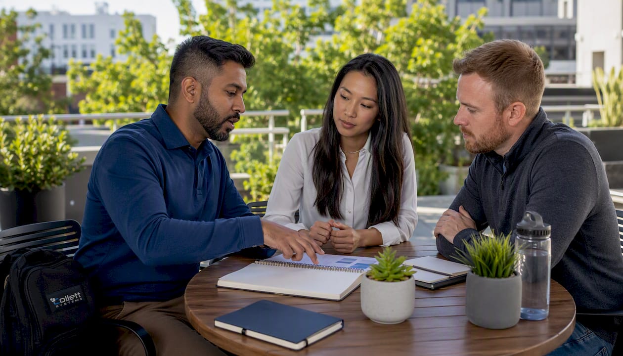 Team discussing phishing training formats in meeting room