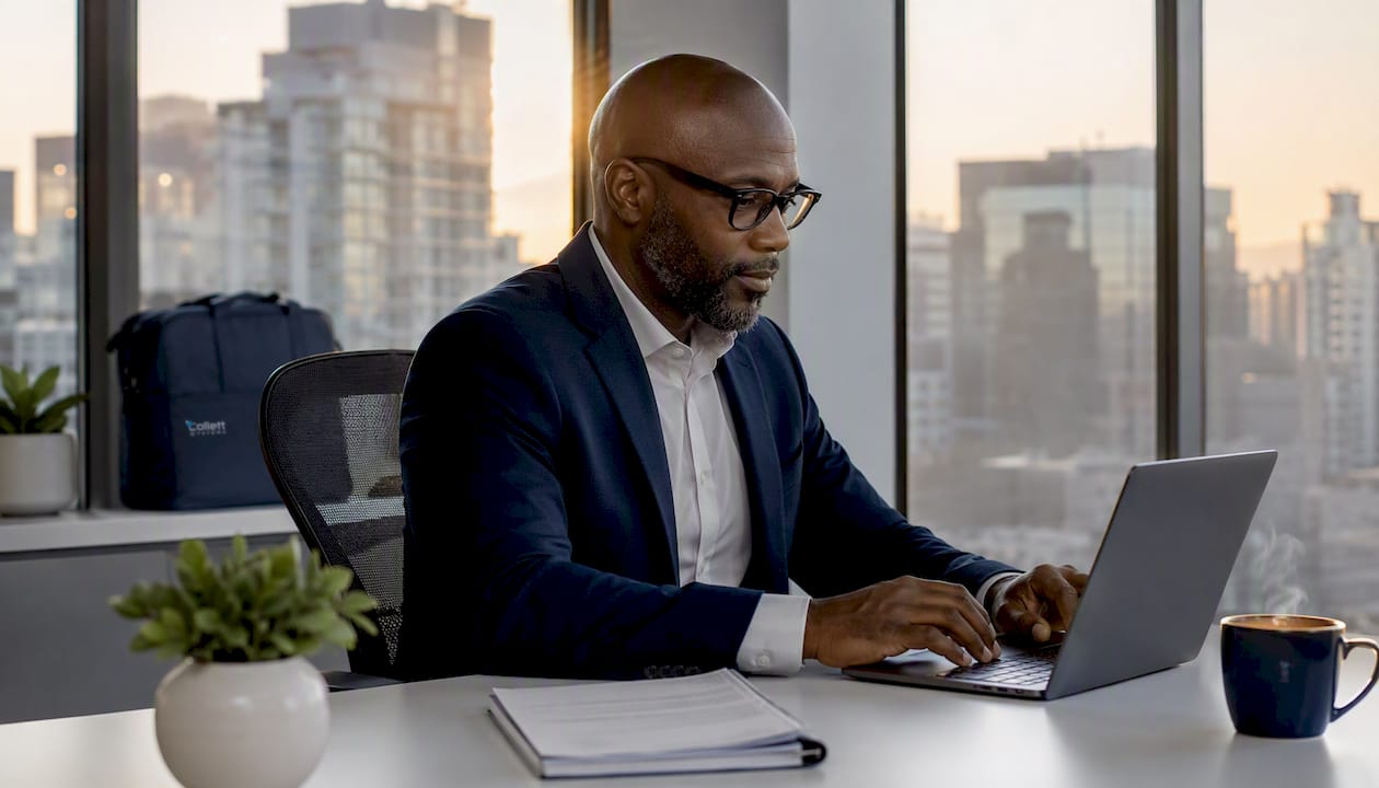Professional using Teams Phone app at desk