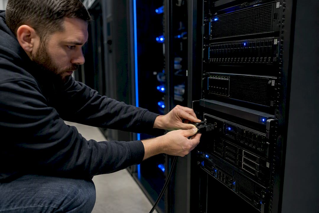 Technician disconnecting vendor hardware in server room